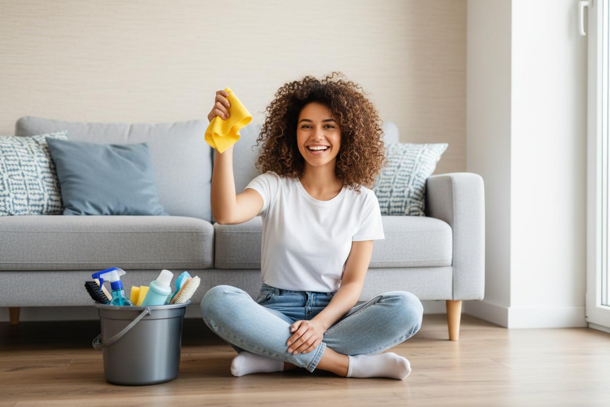 Professional cleaner with cleaning supplies